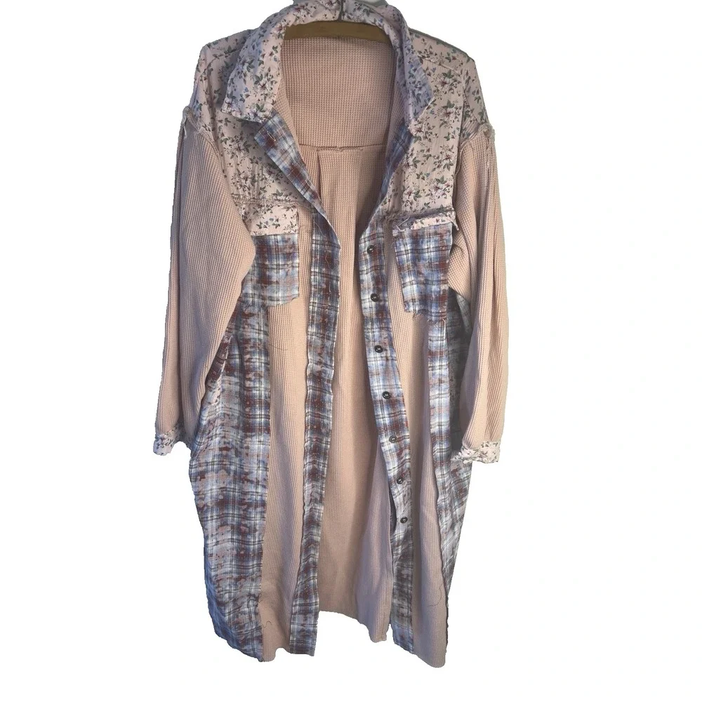 POL L Patchwork Flannel Crochet Colorful Granny Square Duster Boho Shirt Jacket